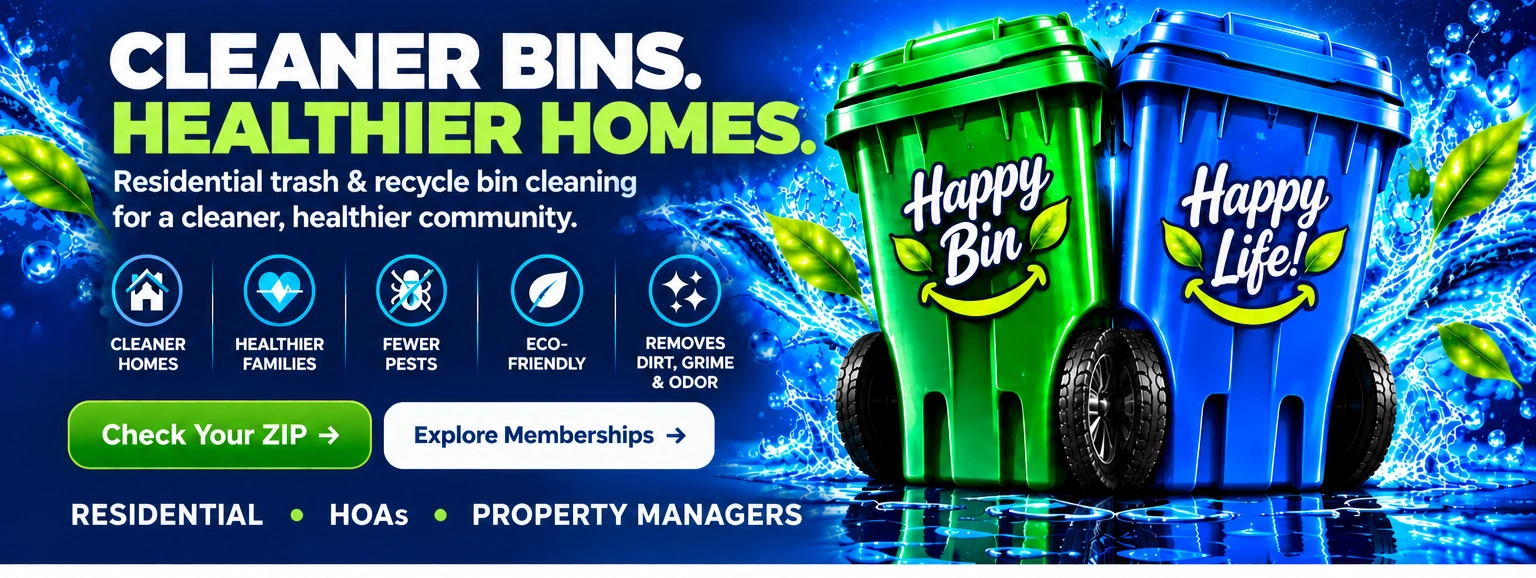 Cleaner bins. Healthier homes. Five service benefits and green and blue Happy Bin, Happy Life carts on an electric blue water background.