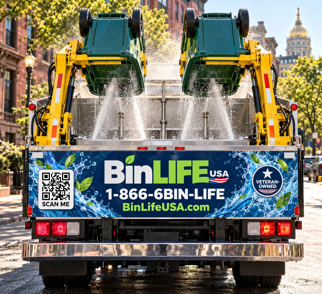 Rear view of specialized BinLIFE residential bin-cleaning truck